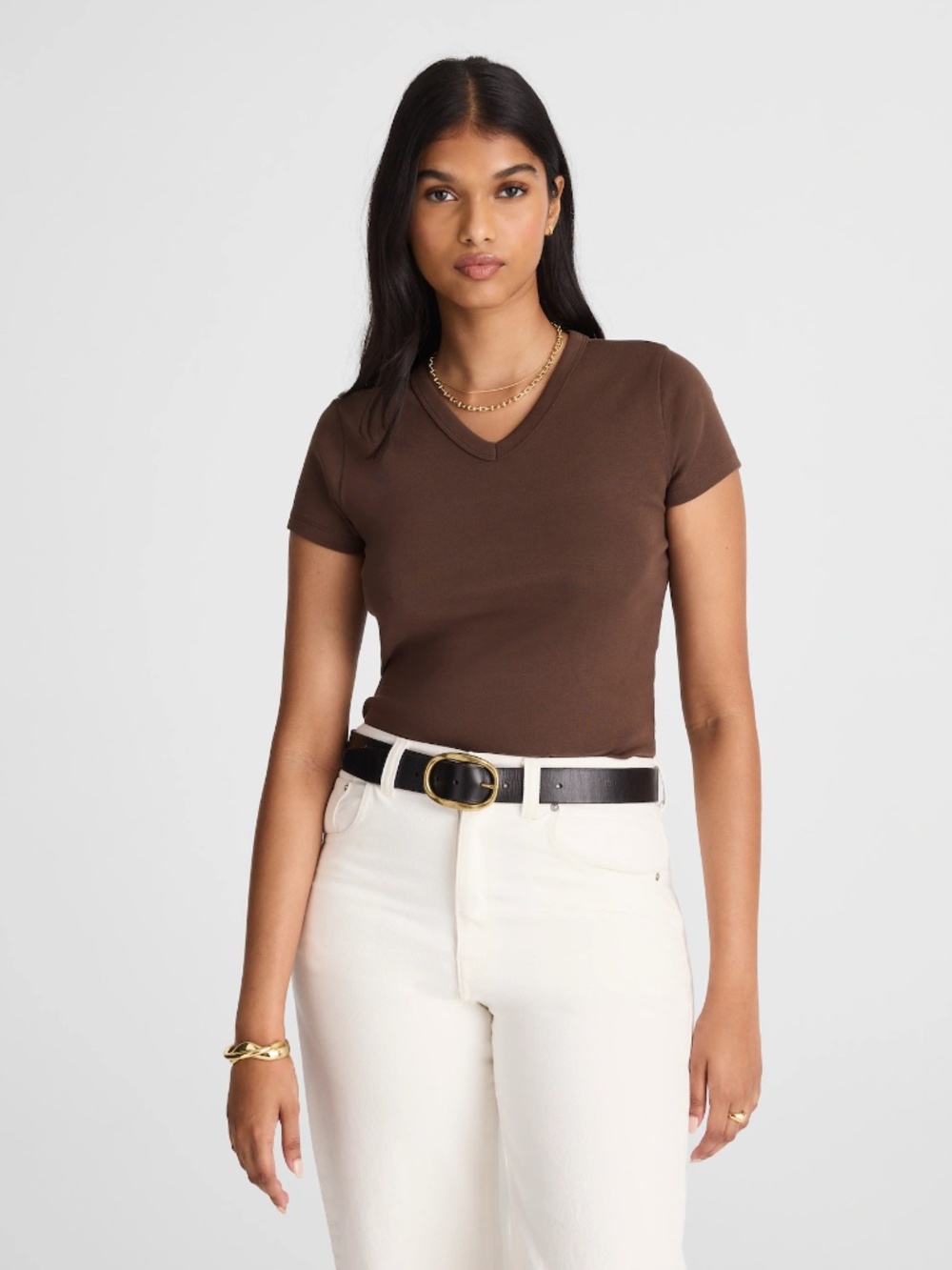 NEW Madewell 90s V-Neck Baby Tee Compact Cotton Sz M T-Shirt Brown Short Sleeve